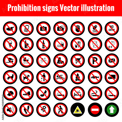 Collection set of warning Prohibition signs and symbol, mandatory, Red prohibition sign set, Forbidden signs collection -  vector illustration