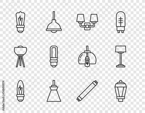 Set line Light bulb, Garden light lamp, Wall or sconce, Lamp hanging, LED, Fluorescent and Floor icon. Vector