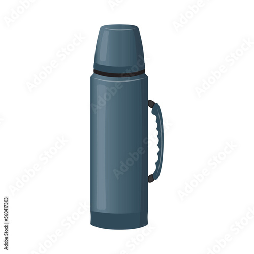 Blue thermos for hot tea and coffee drinks. Vector icon. Isolated illustration on white background.
