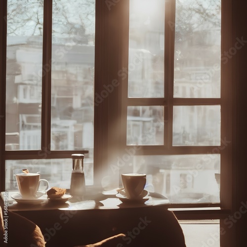 Morning coffee in a cafe by the window, into which the sun's rays fall - generative ai