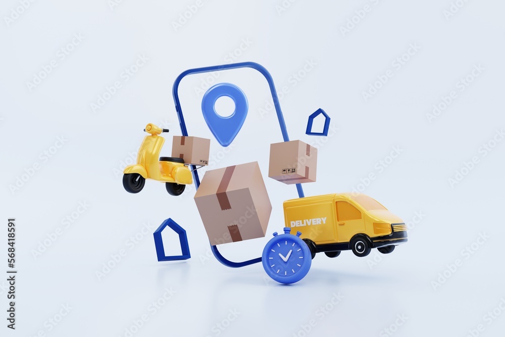 express delivery on smartphone  concept. yellow delivery van, scooter floating with elements on blue background