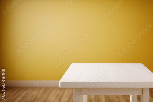 empty white table top with background of yellow wall