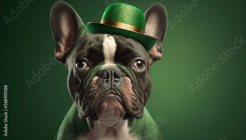 St Patricks' french bulldog with green hat, generative ai