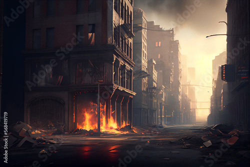 A street with houses in a ruined city on fire after a military disaster and explosions, the consequences of an attack. Generative AI