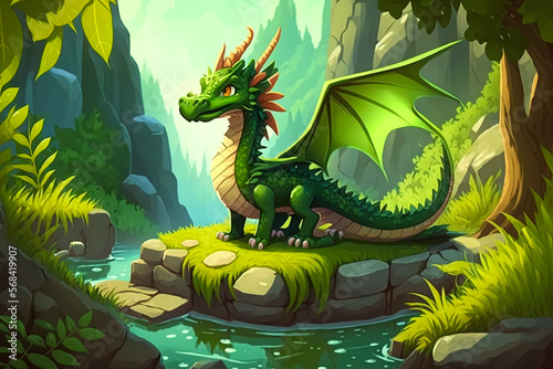 Sweet Dragon in the green forest, children's book style. Generative AI