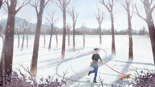 I Go For A Walk With My Dog In Winter Illustration hand drawn digital art, digital painting photo