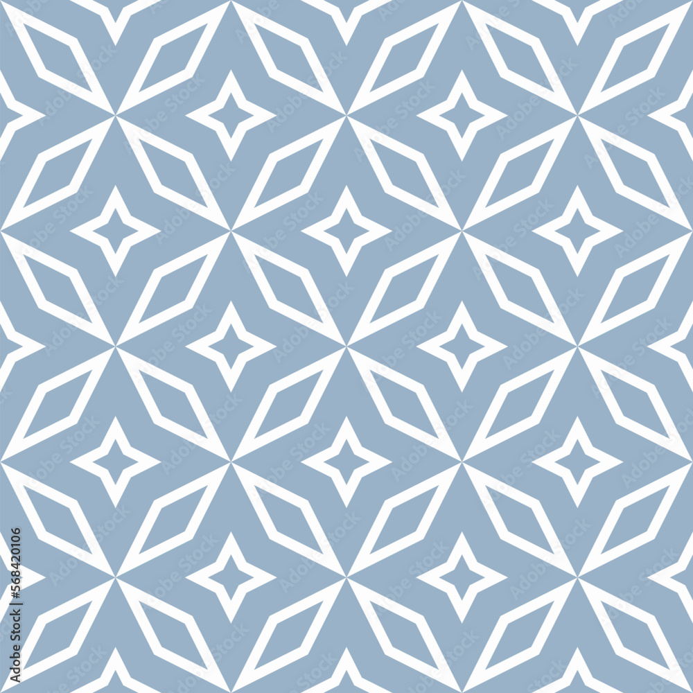 Vector geometric seamless pattern. Abstract elegant blue and white ornament texture with lines, floral shapes, stars, grid, diamonds, repeat tiles. Vector abstract ornamental repeated background Vector geometric seamless pattern. Abstract elegant blue and white ornament texture with lines, floral shapes, stars, grid, diamonds, repeat tiles. Vector abstract ornamental repeated background