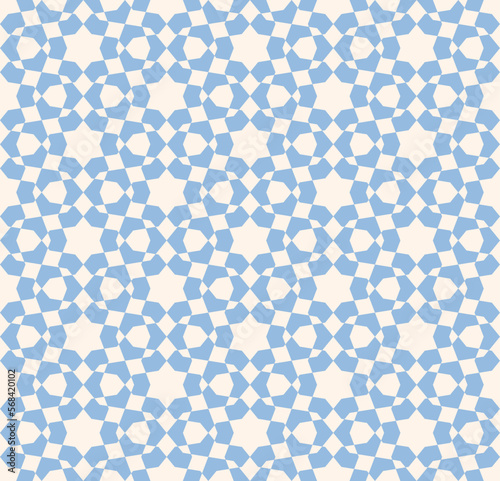 Abstract vector geometric seamless pattern. Traditional oriental ornament with stars, lattice, mesh, grid, floral shapes. Subtle blue and white background. Elegant ornamental template, repeat design