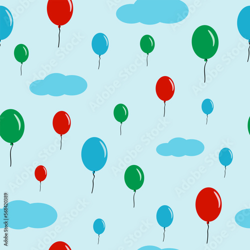 Blue clouds and balloons of different sizes in the blue sky. Seamless pattern with colorful balloons on a light background. Children s background. Vector illustration.