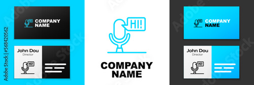 Blue line Microphone voice device icon isolated on white background. Microphone interpreter and alphabet letters. Logo design template element. Vector