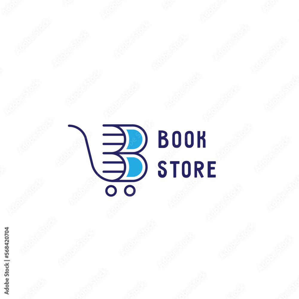 Obraz premium Bookstore cart logo design. Book and cart basket trolley combination silhouette. Suitable for icon web or app. Business education logo simple modern flat idea design. Literature novel learn logo.