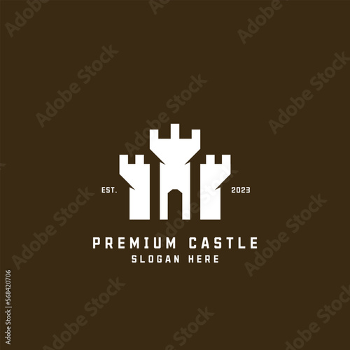 Premium Castle or Kingdom or Fort or brick silhouette logo design illustration. Simple monogram geometric ancient vintage retro unique creative symbol icon vector idea. Modern color minimalist shape