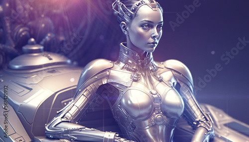 Silver robotic android Woman in sci-fi environment. Generative AI