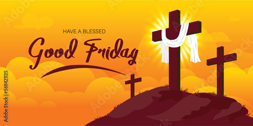 VECTOR ILLUSTRATION OF GOOD FRIDAY. Christian Cross on mountain