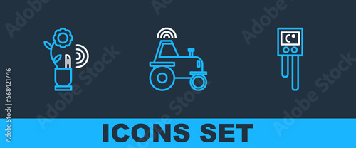 Set line Temperature and humidity sensor, Smart farming technology and Wireless tractor on smart icon. Vector