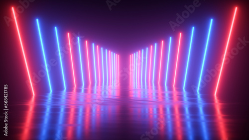 Fototapeta Naklejka Na Ścianę i Meble -  Neon tunnel going into perspective, abstract neon futuristic background - 3D Illustration