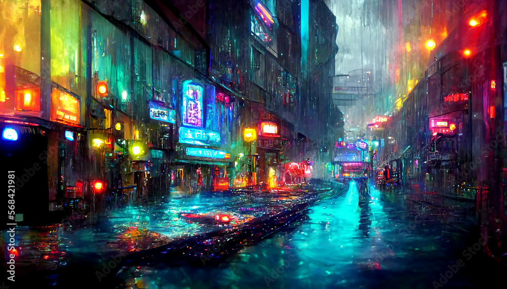Foggy night on a street of a cyberpunk city. Huge neon skyscrapers. Wet asphalt reflecting glowing neon light. Generative Ai