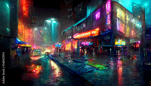 Rainy fFFoggy night on a street of a cyberpunk city. Huge neon skyscrapers. Wet asphalt reflecting glowing neon light. Generative Ai