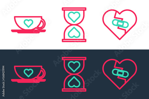 Set line Healed broken heart  Coffee cup and and Heart in the center hourglass icon. Vector