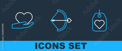 Set line Heart tag, in hand and Bow arrow icon. Vector