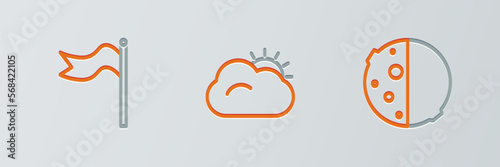 Set line Eclipse of the sun, Meteorology windsock wind vane and Sun and cloud icon. Vector