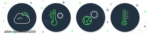 Set line Meteorology thermometer, Earth globe and sun, Sun cloud and icon. Vector