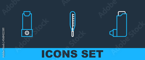 Set line Inhaler, and Medical thermometer icon. Vector