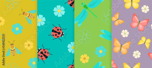 Floral seamless pattern set. Vector kids spring or summer backgrounds. Cartoon insects and flower illustration.