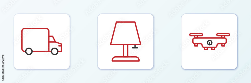 Set line Drone flying, Delivery cargo truck and Table lamp icon. Vector Set line Drone flying, Delivery cargo truck and Table lamp icon. Vector