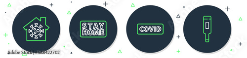 Set line Stay home, Corona virus covid-19, and Medical thermometer icon. Vector