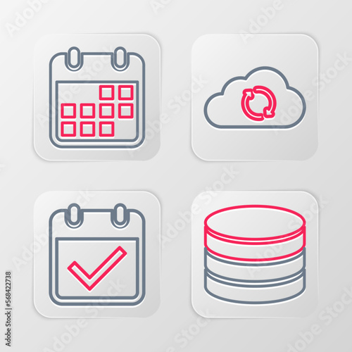 Set line Database, Calendar with check mark, Cloud sync refresh and icon. Vector