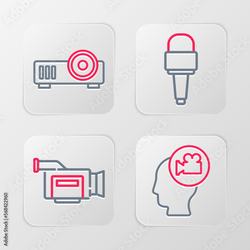 Set line Head with camera, Cinema, Microphone and Media projector icon. Vector