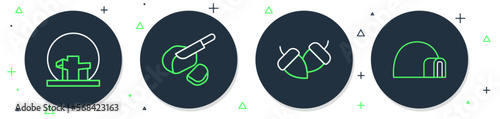 Set line Peameal bacon, Acorn, Montreal Biosphere and Igloo ice house icon. Vector