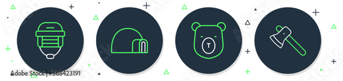 Set line Igloo ice house, Bear head, Hockey helmet and Wooden axe icon. Vector