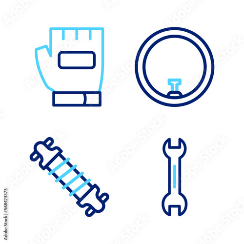 Set line Wrench spanner, Bicycle suspension, wheel and Gloves icon. Vector