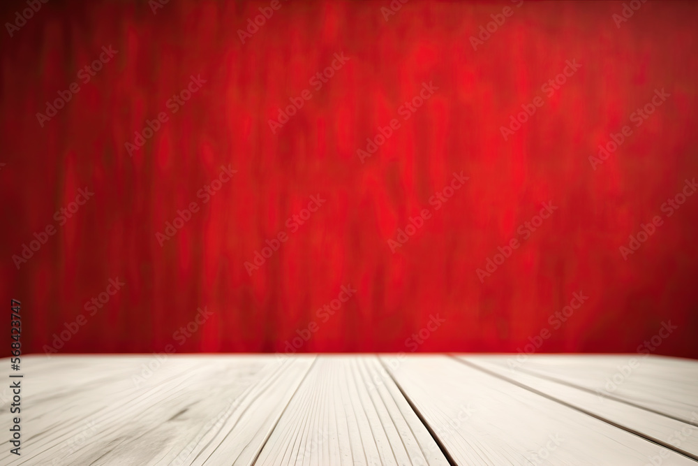 empty white table top with blurry background of red wall