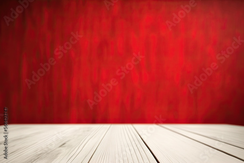 empty white table top with blurry background of red wall
