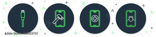 Set line Mobile with broken screen, Phone repair service, USB cable cord and System bug mobile icon. Vector