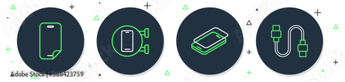Set line Phone repair service, Glass screen protector, and USB cable cord icon. Vector