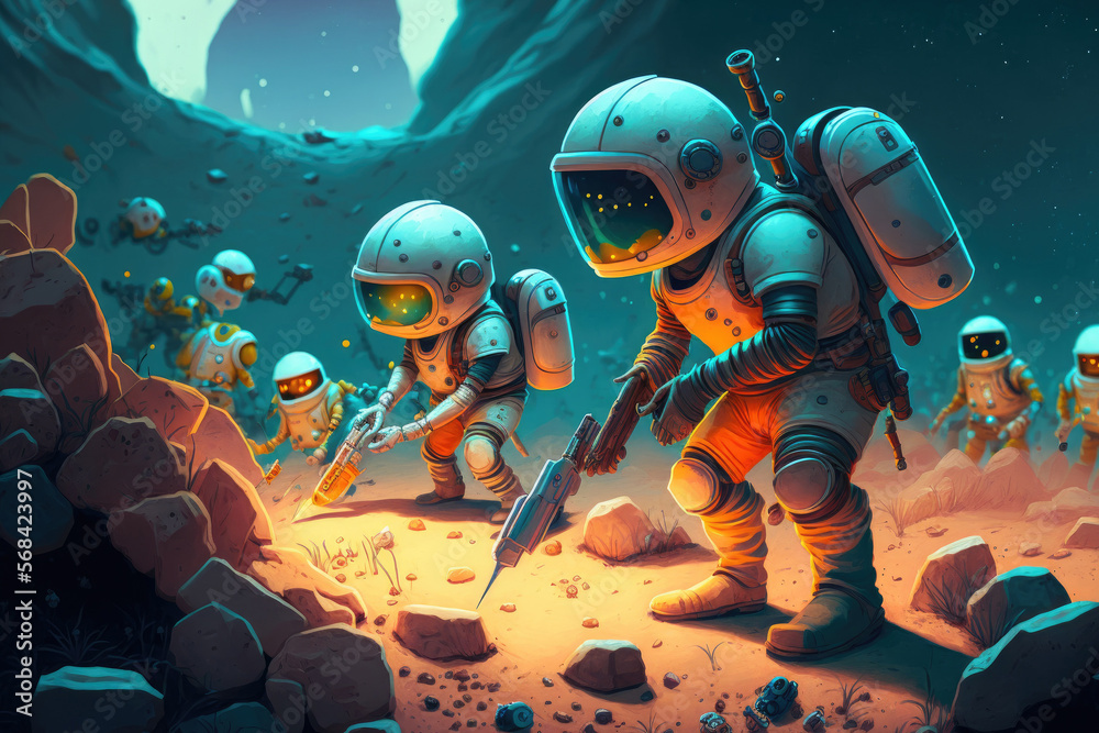 Sci fi fantasy image shows space explorers digging for components while not noticing an alien swarm nearby. Generative AI Sci fi fantasy image shows space explorers digging for components while not noticing an alien swarm nearby. Generative AI