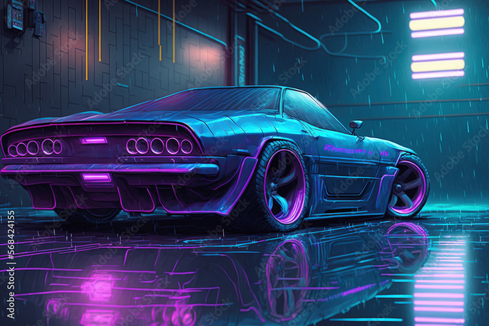 On a wet garage floor with vivid blue neon stripes, a futuristic purple and blue neon racing automobile is parked. Incredible cyberpunk scene. illustration. Generative AI