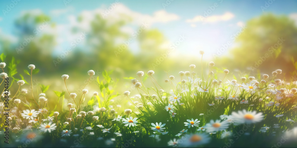 Gorgeous blurred spring. Nature with blooming glade chamomile, blue clear sky, trees on a sunny day. Generative AI.