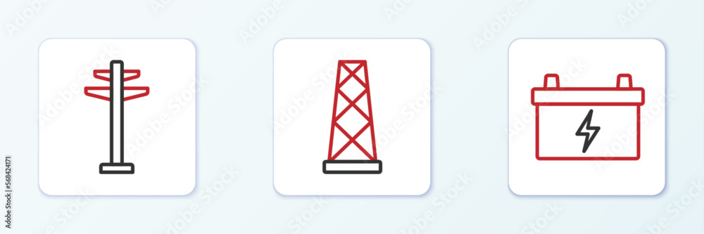 Set line Car battery, Electric tower and Antenna icon. Vector Set line Car battery, Electric tower and Antenna icon. Vector