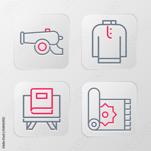 Set line Traditional carpet, Holy book of Koran, Shirt kurta and Ramadan cannon icon. Vector