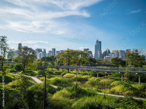 Benjakitti Forest Park with a cityscape in Bangkok, Thailand photo