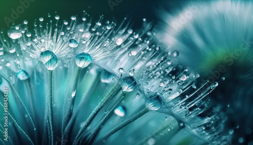 Dandelion seeds in droplets of water on turquoise. Soft focus. Nature. Droplets. Macro. Generative AI.