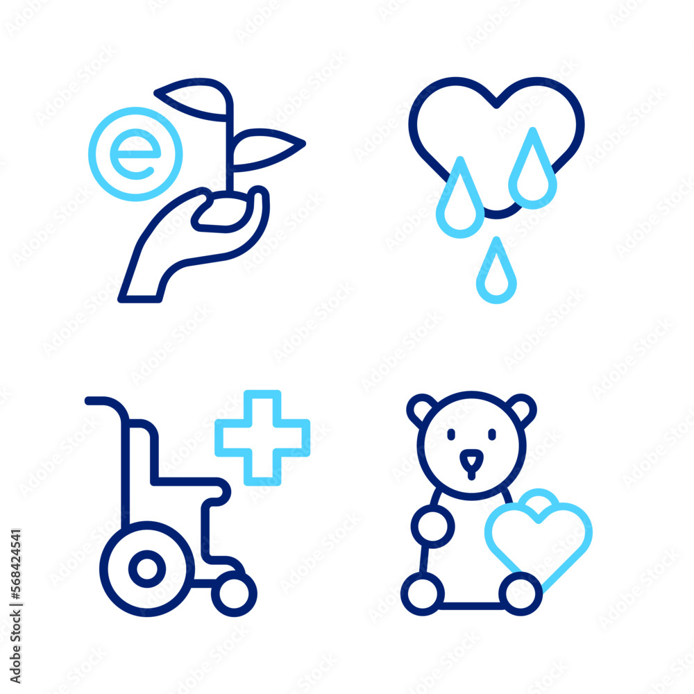 Set line Donate child toys, Wheelchair for disabled person, Blood donation and Leaf in hand icon. Vector