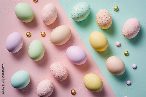 Wallpaper Mural Pastel Easter eggs on pink background top view. Flat lay style - created with AI Torontodigital.ca