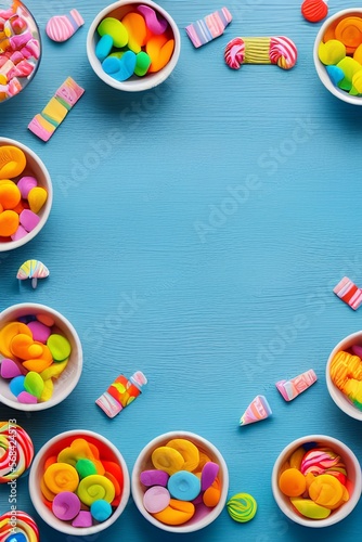 Overhead view of colorful set of different kids sweets and treats in bowls on light blue wooden background - generative ai