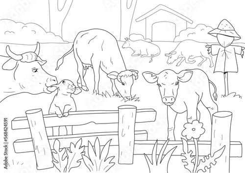  Cows Eating Grass On Farm Animal Coloring Page. Farm Animal coloring page for kids.